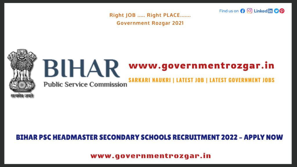 Bihar PSC Headmaster Secondary Schools Recruitment 2022