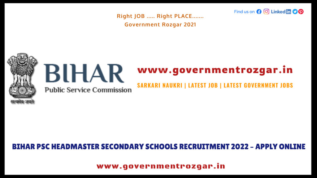 Bihar PSC Headmaster Secondary Schools Recruitment 2022
