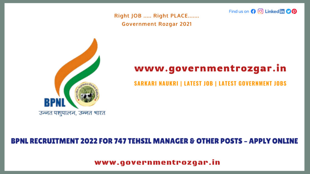 BPNL Recruitment 2022 for 747 Tehsil Manager & Other Posts