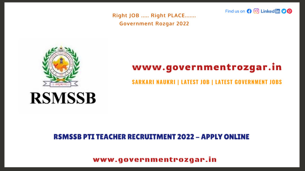 RSMSSB PTI Teacher Recruitment 2022 - Apply Online