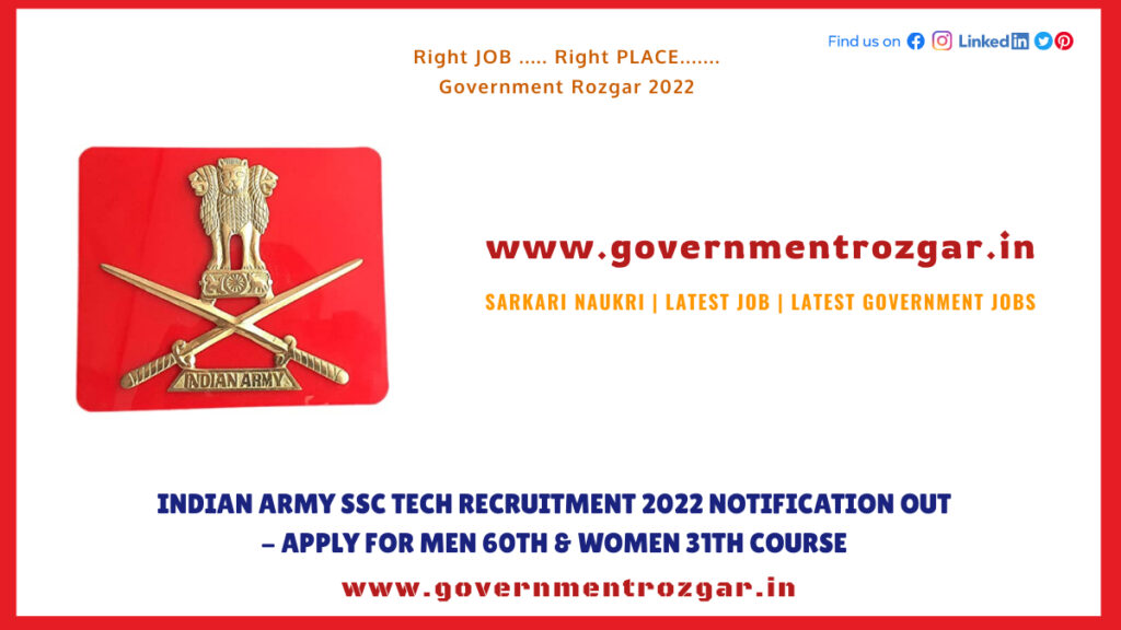 Indian Army SSC Tech Recruitment 2022 Notification Out - Apply for Men 60th & Women 31th Course 