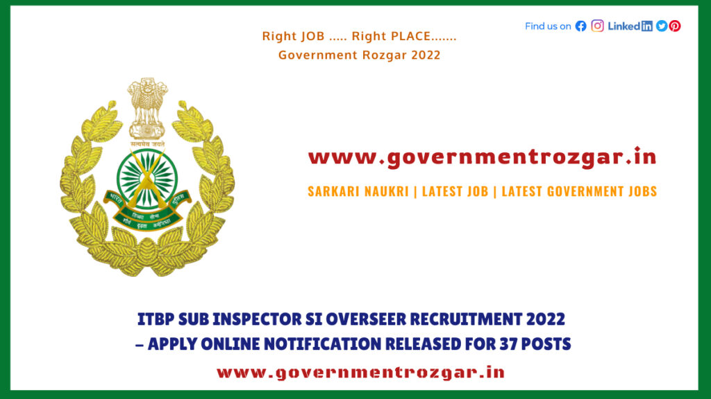 ITBP Sub Inspector SI Overseer Recruitment 2022 Apply Online Notification Released For 37 Posts