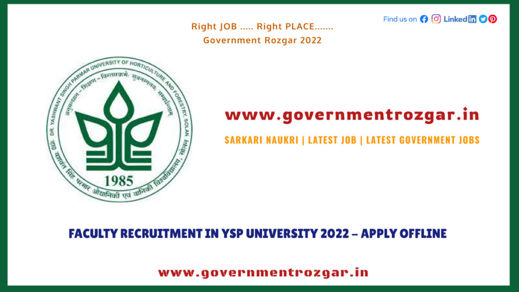 Faculty Recruitment in YSP University 2022 - Apply Offline