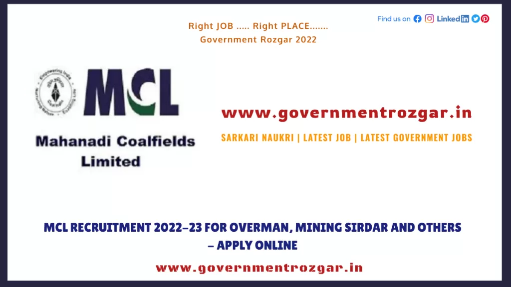 MCL Recruitment 2022-23 For Overman, Mining Sirdar and Others - Apply Online