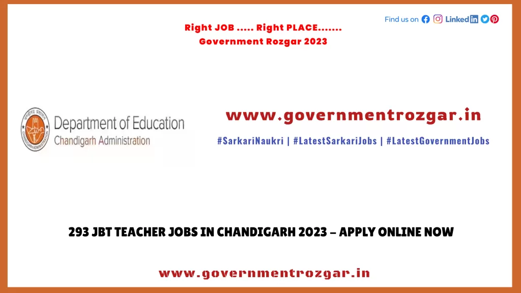 Chandigarh JBT Recruitment 2023 - 293 JBT Teacher Jobs in Chandigarh 2023 - Apply Online Now