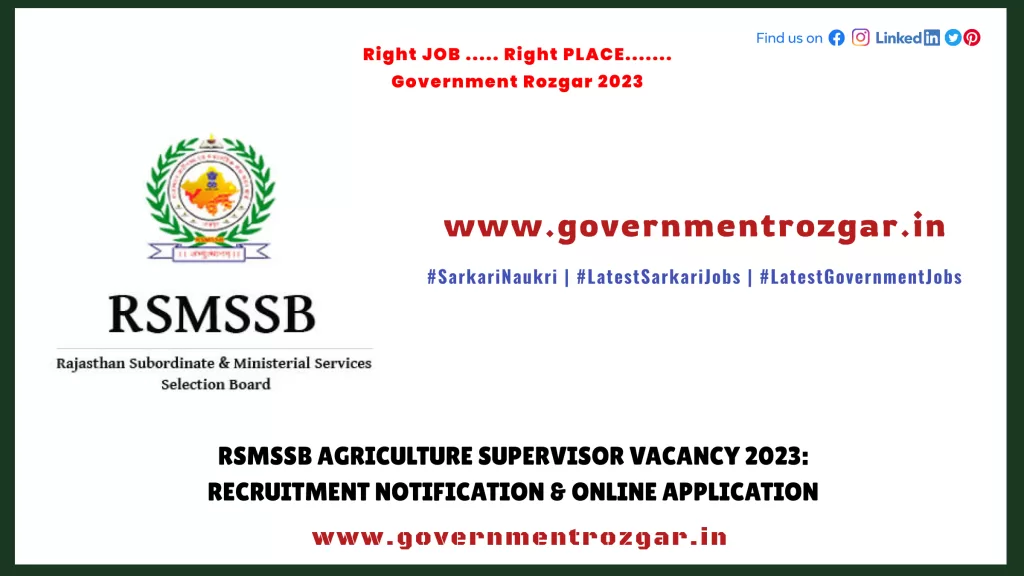 RSMSSB Vacancy 2023 for Agriculture Supervisor: Recruitment Notification & Online Application