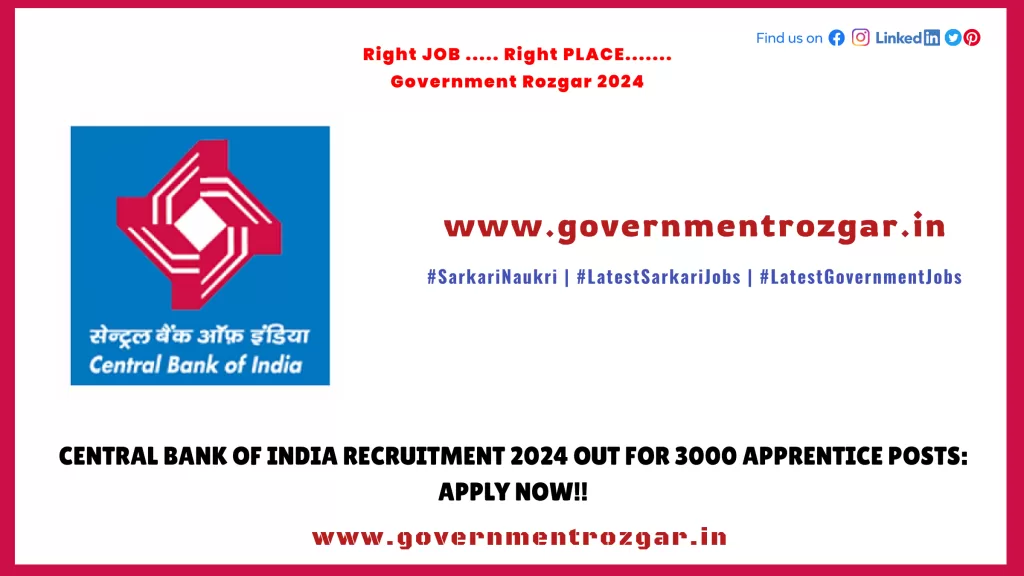 Central Bank of India Recruitment 2024 Out for 3000 Apprentice Posts: Apply Now!!
