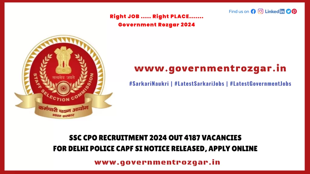 SSC CPO Recruitment 2024 Out 4187 Vacancies for Delhi Police CAPF SI Notice Released, Apply Online